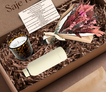Saje Rose Merlot Summer Bouquet Along With Fig & Aged Oak Candle plus Hydration Bottle in Muted Yellow