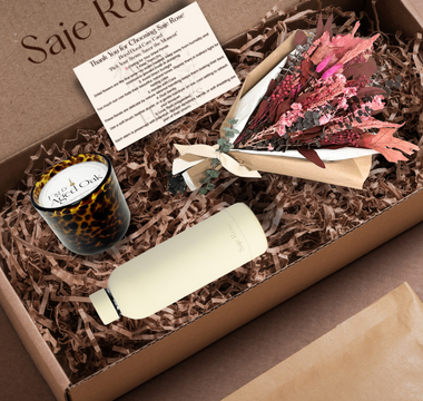 Saje Rose Merlot Summer Bouquet Along With Fig & Aged Oak Candle plus Hydration Bottle in Muted Yellow