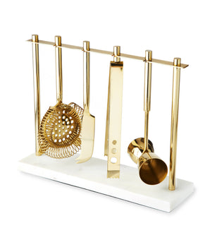 Gold-Plated Stainless Steel Bar Tool Set w/ Marble Stand