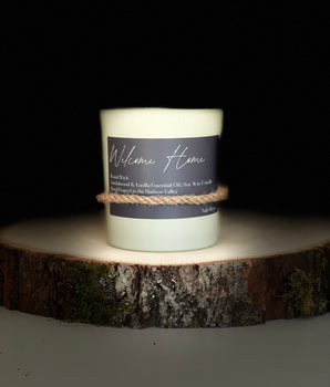 Welcome Home Candle Hand-poured in the Hudson Valley. Made with Soy Vegan Wax, Sandalwood and Vanilla Essential Oils.