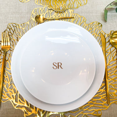 Saje Rose Matte Gold Flatware Set with SR logo plates