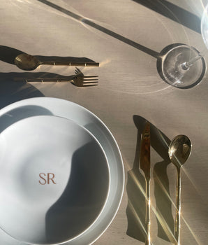 Saje Rose® Dining Bundle: Bamboo Essence Flatware Set, SR Logo plate set, and wine glasses set | Sets a Table for 2 