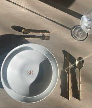 Saje Rose® Dining Bundle: Bamboo Essence Flatware Set, SR Logo plate set, and wine glasses set | Sets a Table for 2 