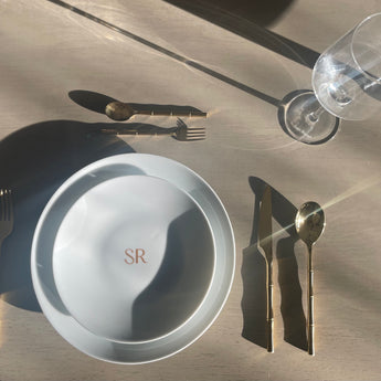 Saje Rose® Dining Bundle: Bamboo Essence Flatware Set, SR Logo plate set, and wine glasses set | Sets a Table for 2 