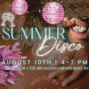 Promotional poster for a Summer Disco event with disco balls, flowers, and text.