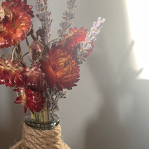 Twine Bud Vase With Dried Lavender and Dried Strawflowers in orange 