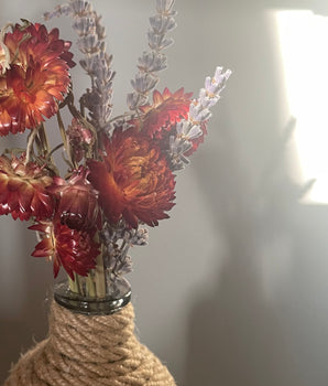 Twine Bud Vase With Dried Lavender and Dried Strawflowers in orange 