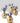Set of gold vases with purple flowers on a white background