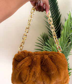 Saje Rose® Faux-Fur Crossbody Chain Bag | Caramel Color | Available to order on shopsajerose.com