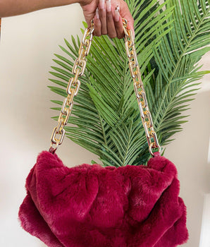 Saje Rose® Faux-Fur Crossbody Chain Bag | Wine Color | Available to order on shopsajerose.com